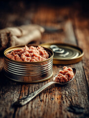 Open can of wet cat food on rustic wooden table with spoon beside, showcasing close up of textured meat
