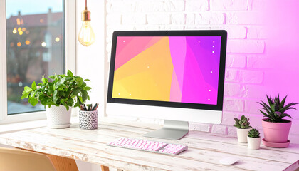 Home Office Workspace: A bright and airy home office workspace featuring a desktop computer, keyboard, potted plants, and natural light streaming through a nearby window.