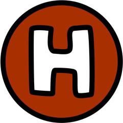 Letter H in brown circle with black outline