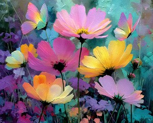Colorful Cosmos Flowers  Butterflies.