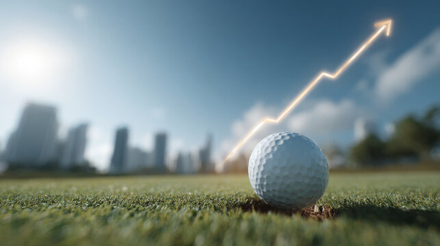 Golf ball on course with rising arrow symbolizes growth and success in business