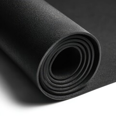 Rolled black exercise mat; textured, thick, and slightly curled edges showing on a white background