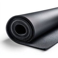 Rolled dark grey exercise mat; thick, textured surface; slightly unfurled, showing layered construction