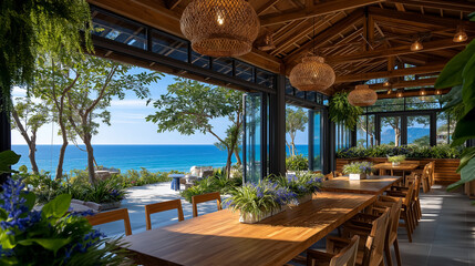 Fototapeta premium Serene Seaside Retreat: A tranquil dining space merges seamlessly with the breathtaking beauty of the ocean. The design incorporates natural elements, creating an atmosphere of luxury and peace.