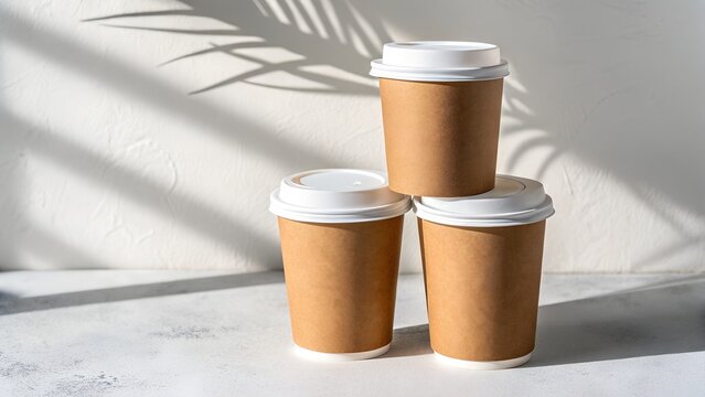 Stack of Plain Brown Paper Coffee Cups with White Lids
