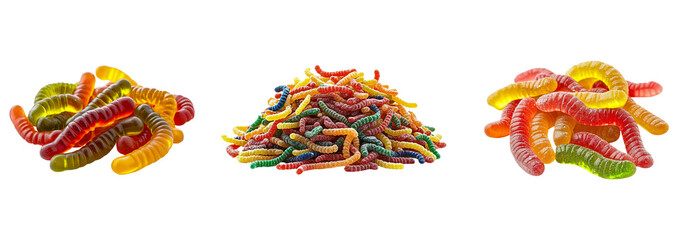 Naklejka premium Set of pile of gummy worms isolated on transparent background, png, cutout