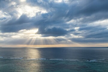 Sunbeams Over Peaceful Ocean Horizon, Okinawa, Japan