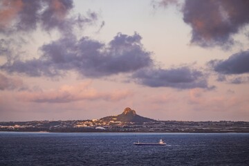 Mount Gusuku and Coastal Waters at Sunset, Okinawa, Japan