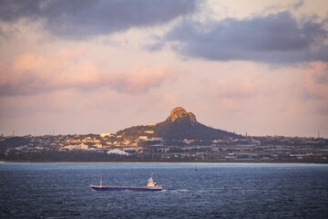 Mount Gusuku and Coastal Waters at Sunset, Okinawa, Japan