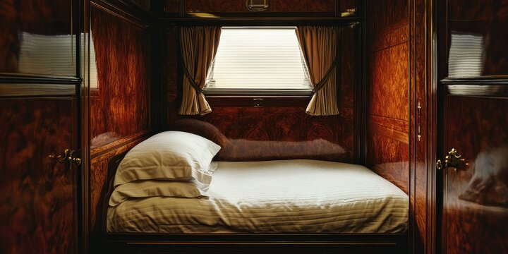 A small, cozy berth in a vintage train car.