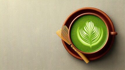 Green Latte with Leaf Latte Art in Clay Cup