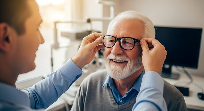 Elderly man wearing new eyeglasses with optometrist in bright clinic