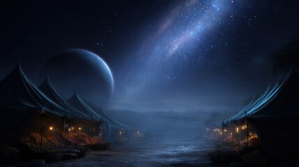 A dark night sky with a large planet in the background