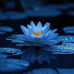Blue Lotus Flower Floating on Water with Reflection and Water Droplets