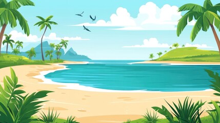 Tropical Beach with Palm Trees and Turquoise Ocean Vector Illustration