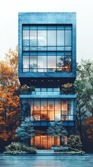 Modern Concrete Building with Glass Windows and Autumn Tree Surroundings