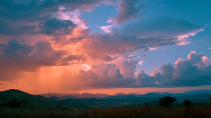 cloudy sunrise with dramatic light over hills