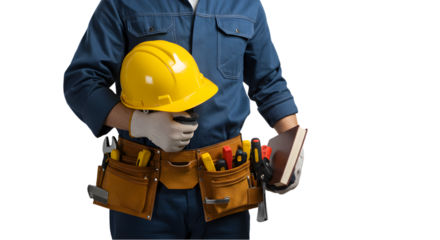 Isolated Photo of a Construction Worker with Yellow Helmet on Transparent Background
