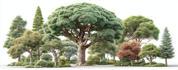 Diverse collection of lush trees showcasing various shapes, sizes, and colors serene landscape. vibrant foliage creates