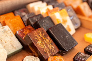 Artisan soap group on the shelves of the fair