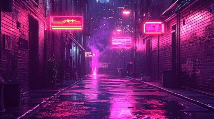 Neon Lit Alleyway with Rain and Cityscape in a Cyberpunk Style