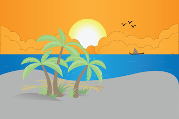 Tropical Beach Sunset Illustration