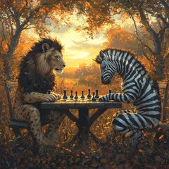Lion and Zebra Playing Chess in Autumn Field at Sunset