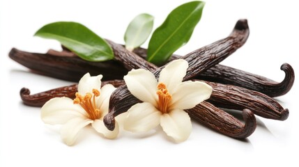 Vanilla Bean Still Life with Flowers and Green Leaves Isolated