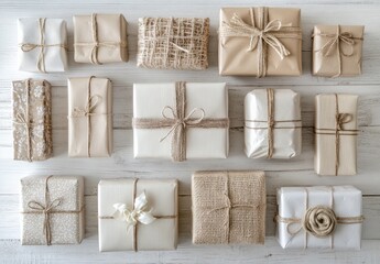 Many wrapped gifts on a white wood table
