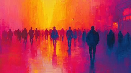 People Walking in City Street with Vibrant Painting Style Artwork