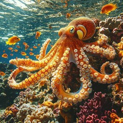 Observing Orange Octopus Amongst Colorful Coral Reef with Small Fish