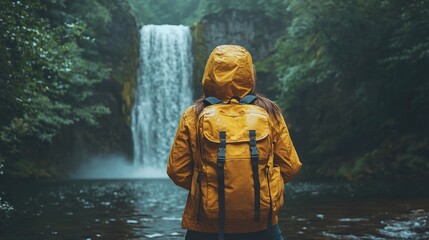 Woman with Backpack Watching Waterfall Surrounded by Lush Green Forest