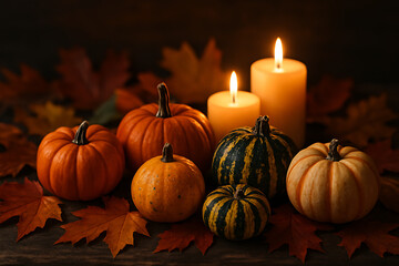 Thanksgiving Pumpkins and Autumn Leaves Still Life - Cozy Fall Holiday Stock Photo