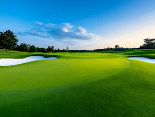 Obraz premium Serene Golf Course Landscape at Sunset With a Vibrant Sky and Well-Kept Greens