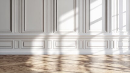 Sunlight Streaming Into Empty Room with White Wall and Wood Floor