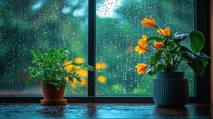 Indoor Plants by Window on Rainy Day with Water Droplets
