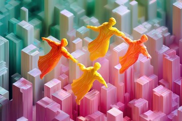 Abstract Unity Orange Figures Floating Above a Pixelated Cityscape