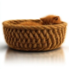 Adorable Ginger Kitten Napping in Golden Woven Basket