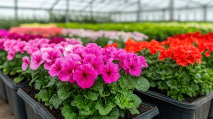 Rows of vibrant flowering plants in various colors bloom inside a greenhouse.