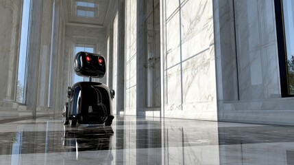 Black Robot in Reflective Modern Hallway