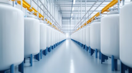 Large white industrial tanks arranged in parallel rows inside a modern, brightly lit factory facility.