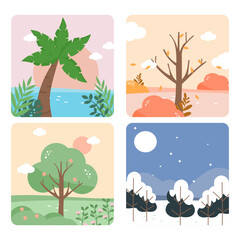Four Seasons Landscape Illustration – Flat Nature Scene Vector Set for Spring, Summer, Autumn, Winter