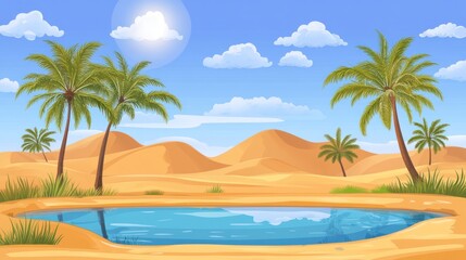 Oasis Scene in Desert with Palm Trees and Water Pond Illustration