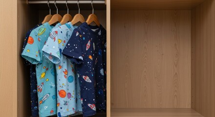 Child's Space-Themed T-Shirts Hanging in Wooden Closet: A Whimsical Scene