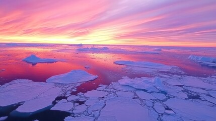 Arctic Ice Floes at Colorful Sunrise with Stunning Sky Reflection