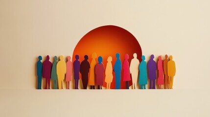 A Diverse Group of Colorful Paper Cutout Figures Standing Before a Circular Opening