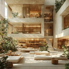 Stunning Interior Design with Natural Light, Lush Plants, and Modern Architecture