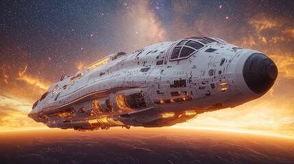 Spaceship Flying Above a Planet at Sunset with a Starry Sky