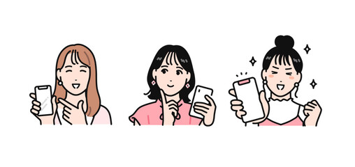 Plakat スマートフォンを見て喜ぶ3人の若い女性のシンプルなベクターイラストセット