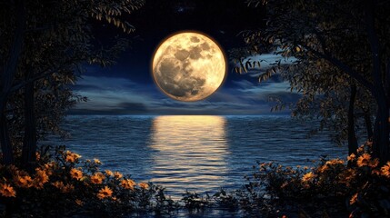 Full Moon Over Water with Trees and Flowers at Night